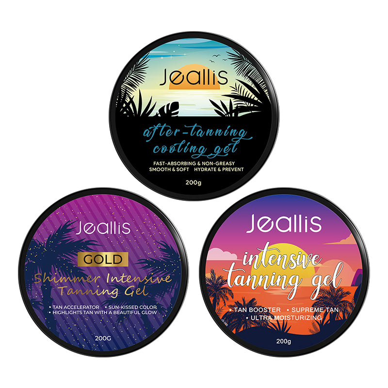 Jeallis Ultimate Tanning Gel Trio – After-Tanning Cooling Gel, Gold Shimmer Gel & Intensive Tanning Gel (200g)